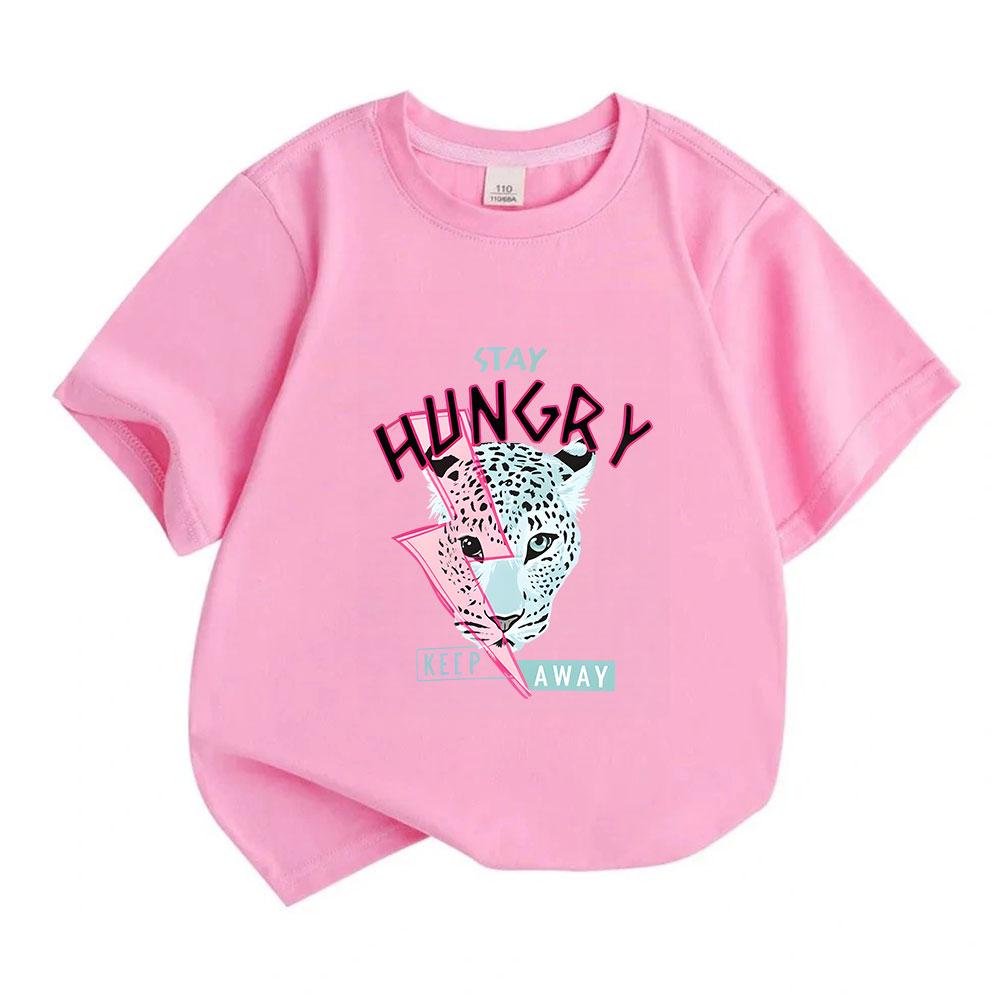 Kids Boys Girls 100% Cotton Short Sleeve Crew Neck T-Shirt, Stay Hungry Leopard Lightning Print Casual Soft Breathable Summer Tee for Children Daily W