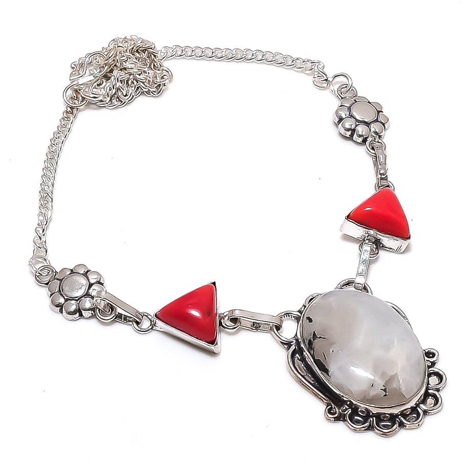 Natural Moonstone, Coral Gemstone 925 Sterling Silver Jewelry Necklace 18" e3G86