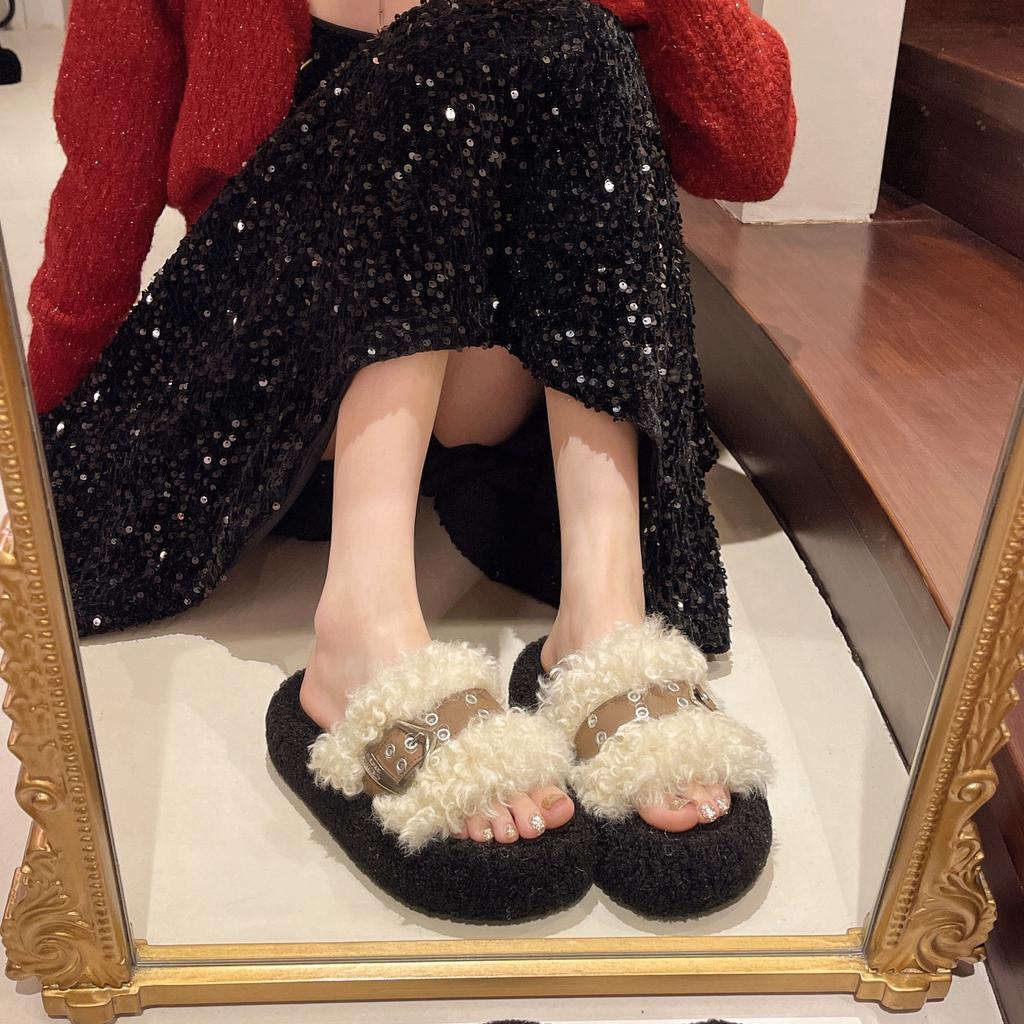 Thick-bottomed curled fluffy slippers for women's outer wear, velvet warm and fashionable one-word belt buckle 2025 autumn and winter new cotton sl