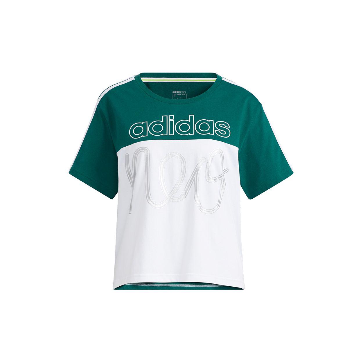 

Adidas Neo Color Block Printed Logo Sports Crew Neck T Shirt Women Tops Green H61979 L