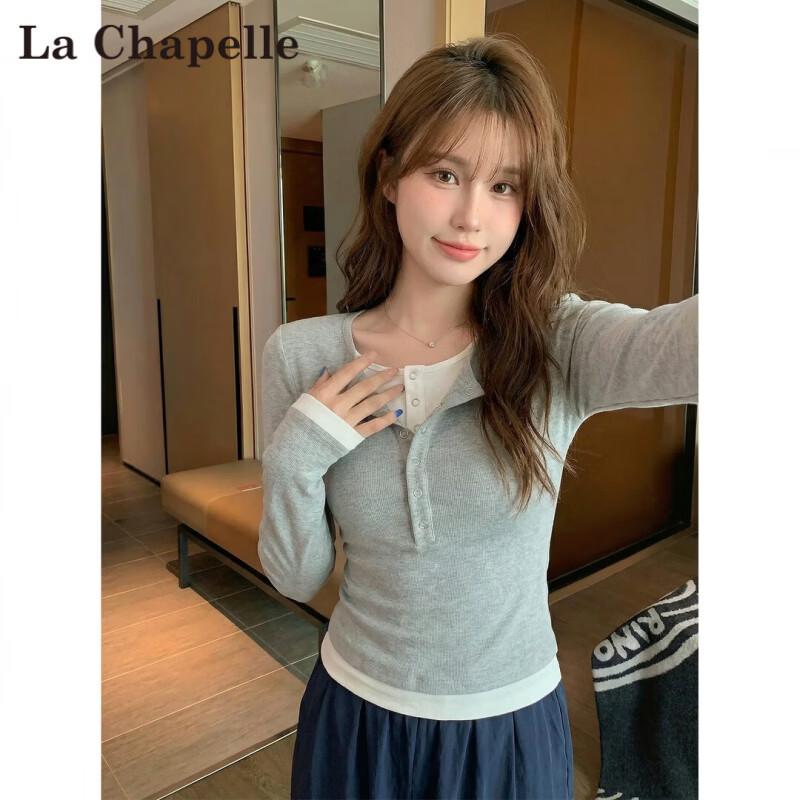 La Chapelle Women's Faux Two-Piece Button-Accented Long Sleeve T-Shirt