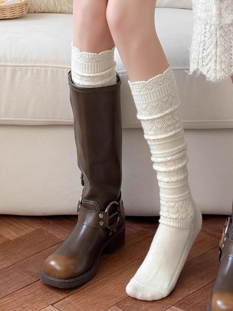White Lace Wool Calf Socks Women'S Autumn And Winter New Hollow Ballet Style Thin Pile Stockings With Long Boots