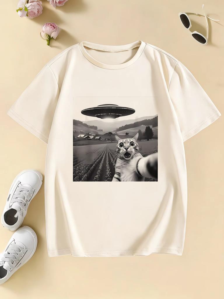 Funny Casual Ufo Cat Kawaii Design Print T Shirts Pure Cotton Unisex and Women Tshirt 2026 Summer Spring Casual Top Tee