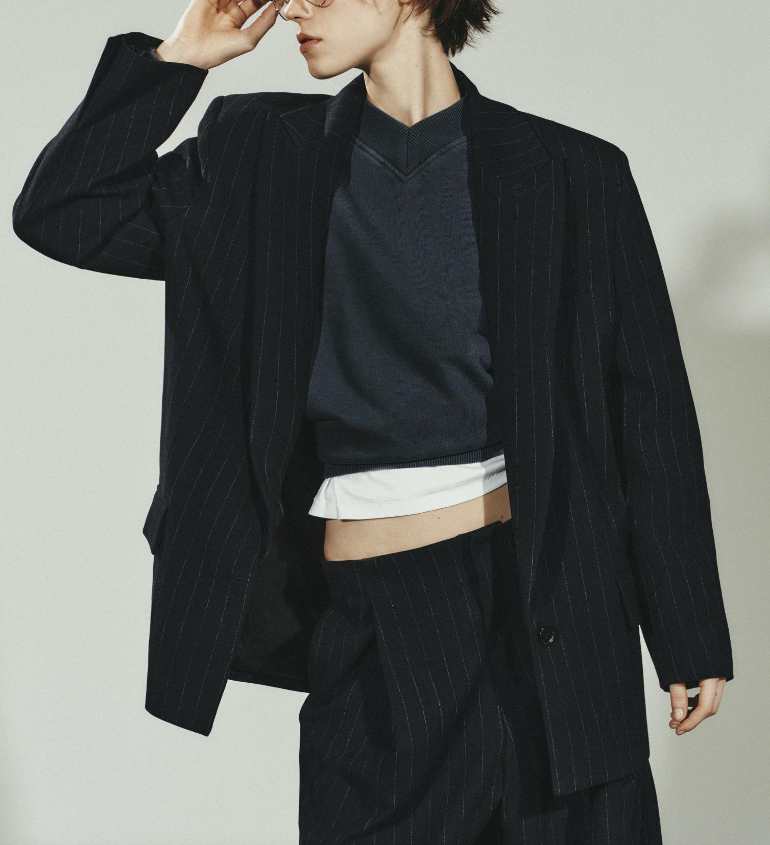 Women s Loose Fit Vertical Stripe Suit Jacket, Dark Blue XS