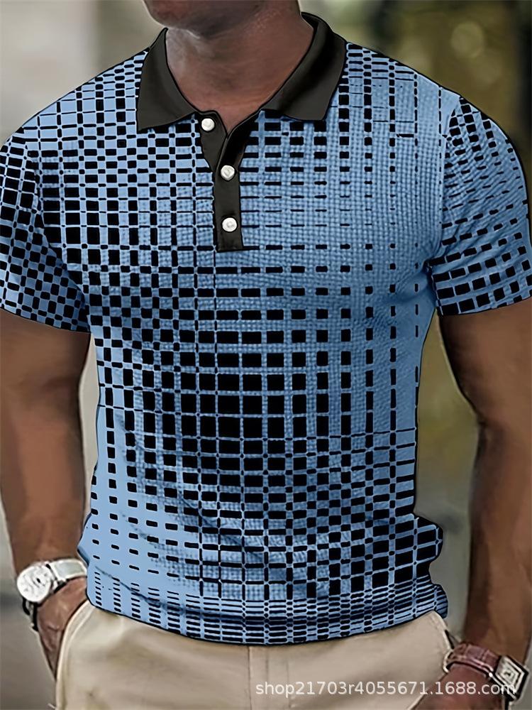 Casual Geometric Block Print Short Sleeve Zip Collar Polo Shirt for Men