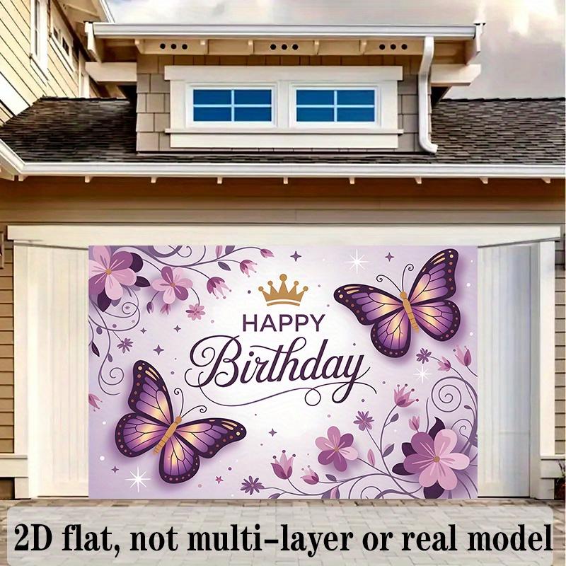 Purple Butterfly Birthday Banner, Golden Accent Backdrop Wall Decor for Party