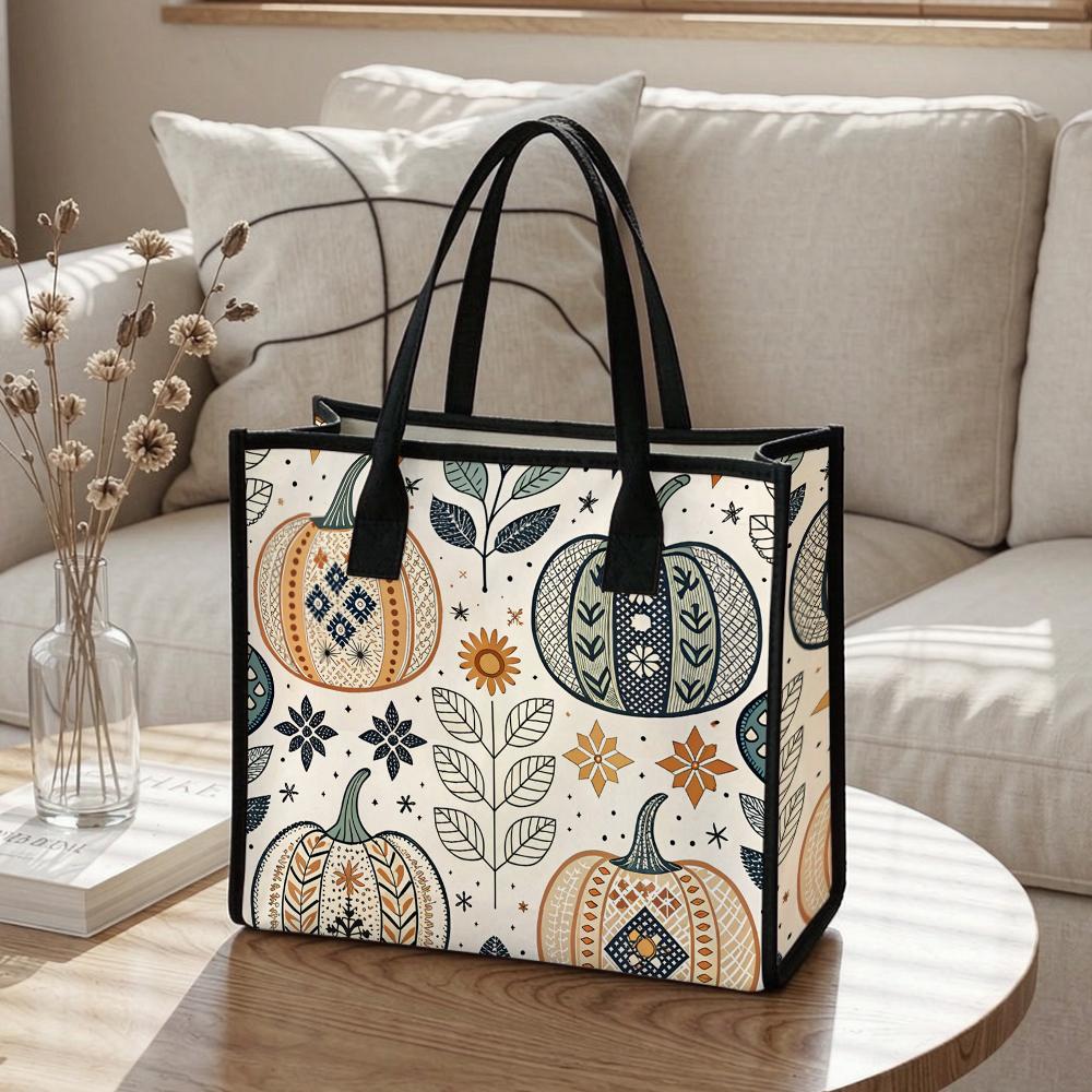 Bohemian Pumpkin Print Tote Bag Casual Canvas Shoulder Bag for Daily Use