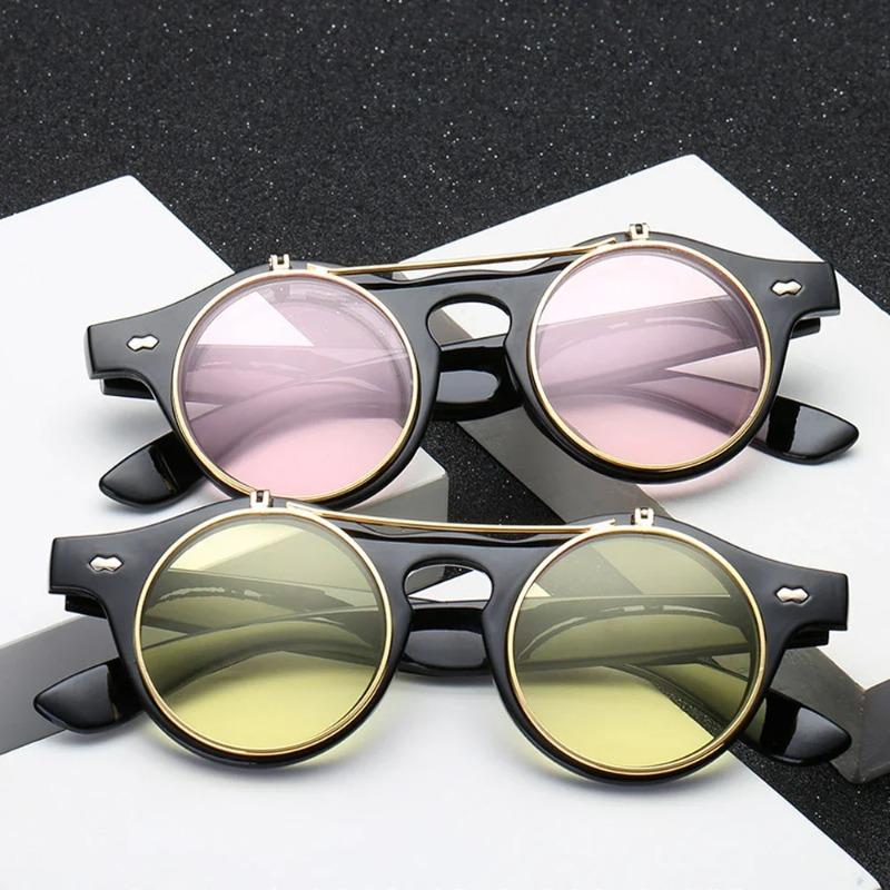 Fashion Vintage Round Steam Punk Flip Up Sunglasses Classic Double Layer Clamshell Design Sun Glasses Uv400