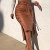 European Leather Women's Slim Fit Mid-Length Pencil Skirt with Slit