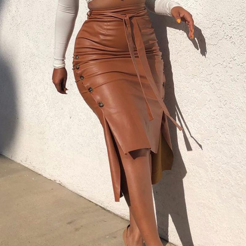European Leather Women's Slim Fit Mid-Length Pencil Skirt with Slit