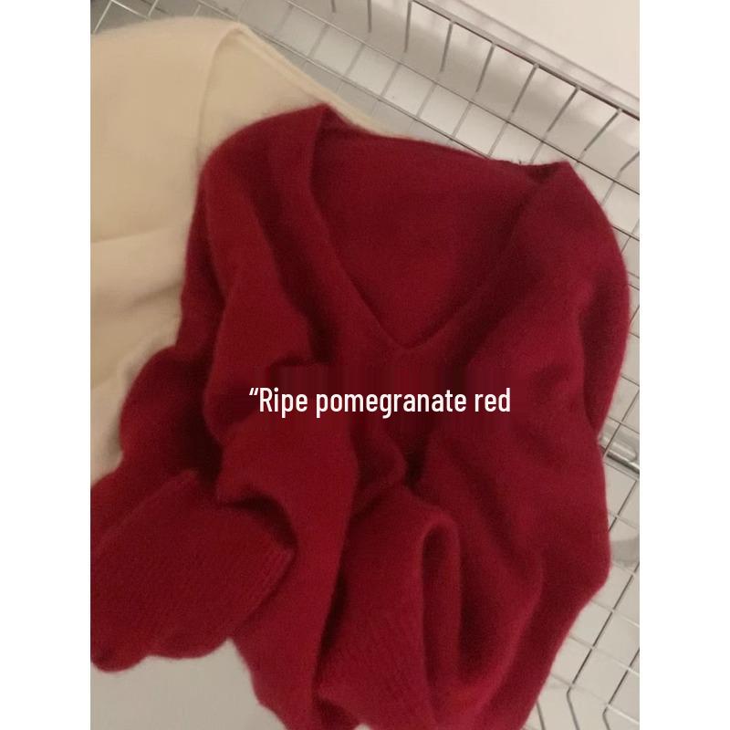 Women's Red Raccoon Fur V-Neck Knit Sweater - Soft, Loose, Cozy Autumn Winter Top