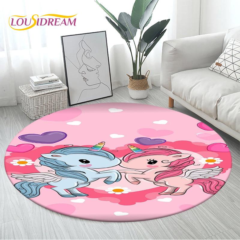 3D Cartoon Cute Unicorn Area Rug Large,Round Carpet Rug for Living Room Bedroom Sofa Decoration,Children Play Non-slip Floor Mat