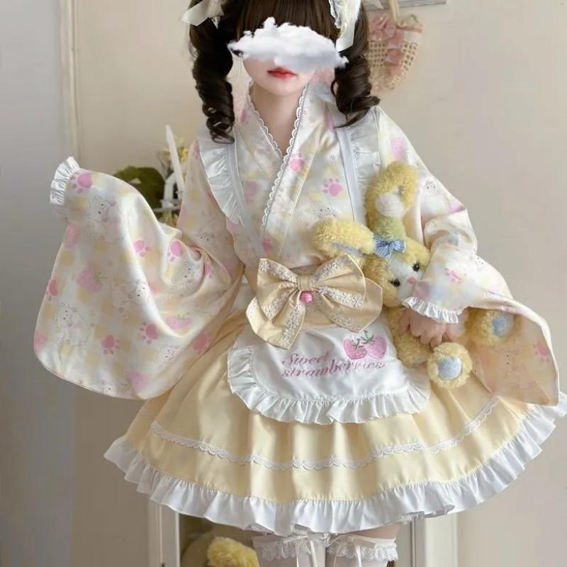 

Женское сладкое желтое платье в стиле кимоно Лолита с принтом клубники и кошек S жёлтый