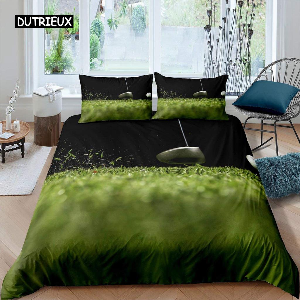 Golf Duvet Cover Set Golf Club Athlete Twin Bedding Set Microfiber Grass Leaf Branches Sports Game Theme Double King Quilt Cover