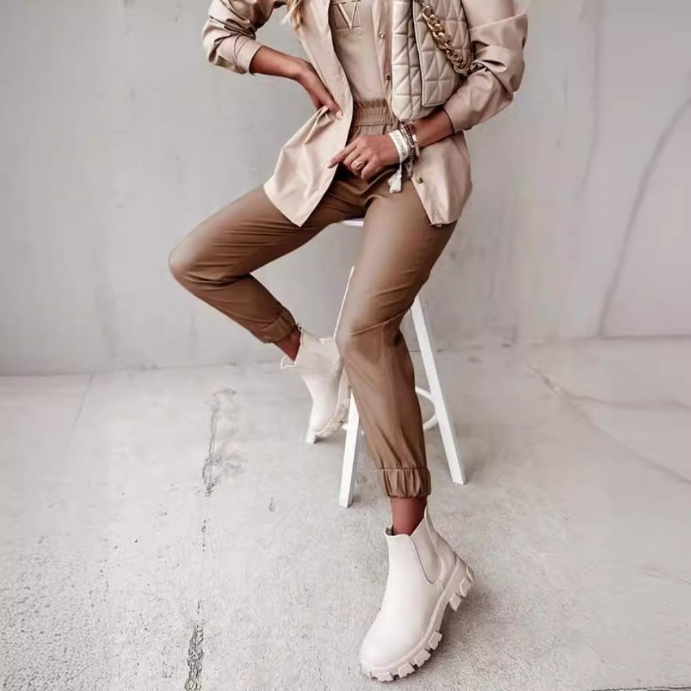 Winter Leather Pants, Fashionable Mid-waist Long Casual Pants for Women