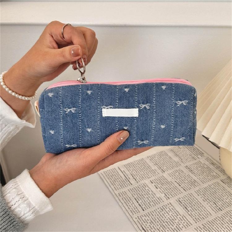 Jeans Fabric Pen Case Large Bowknot Pencil Bag Spacious Compartment Travel Makeup Bag for Student Women Travel Essential