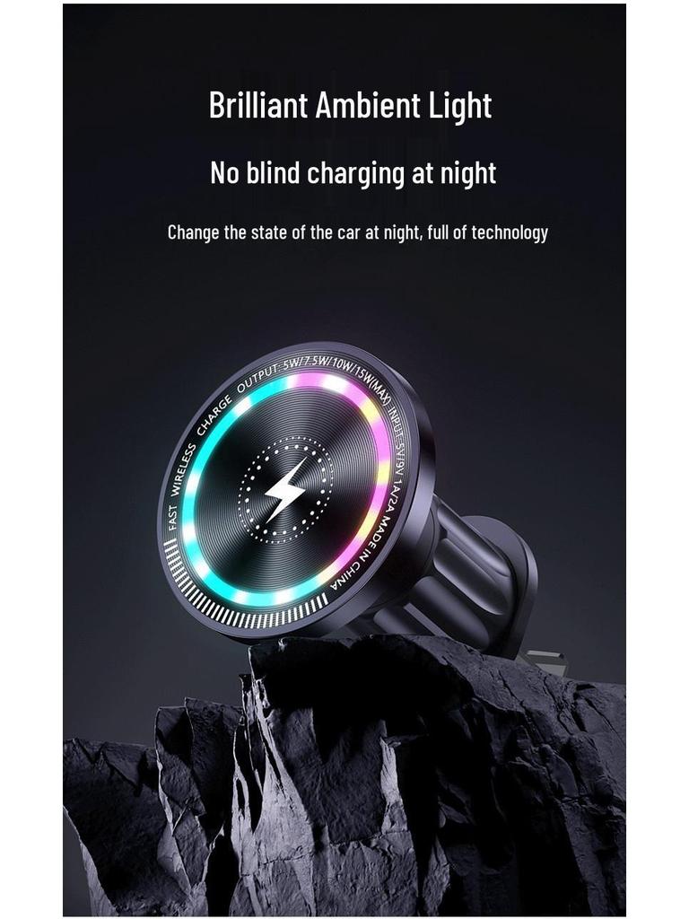 Magnetic Wireless Charger Car Holder with Lights - 15W Fast Charge Air Vent Mount for Phones