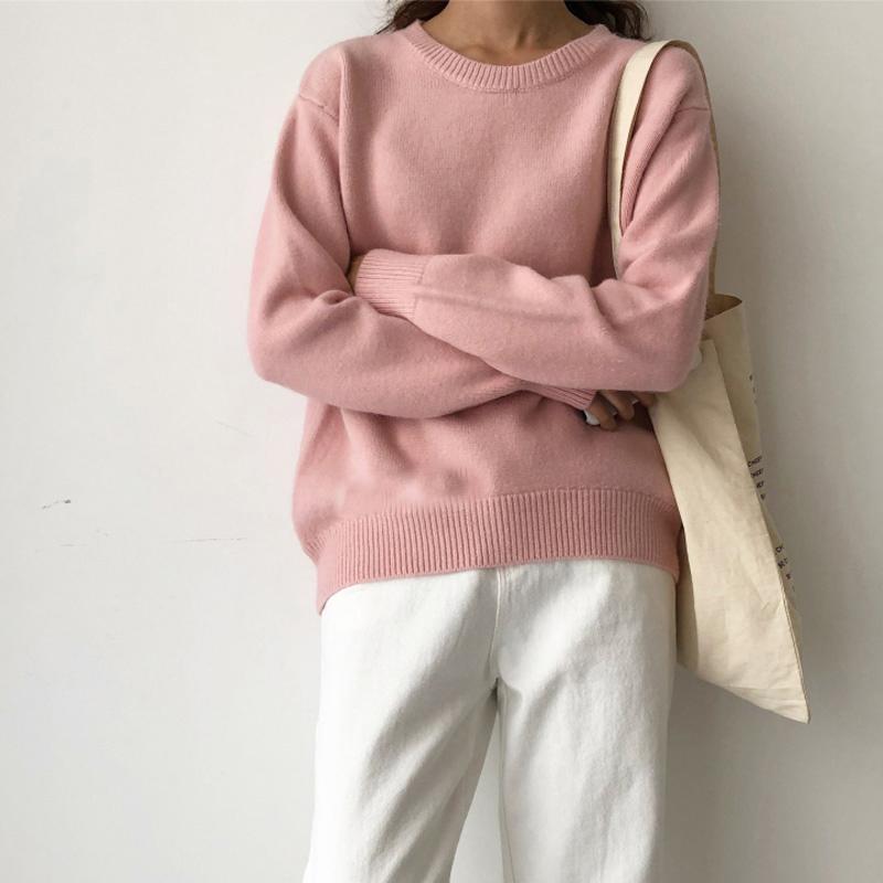 

Hirsionsan, зимний свитер большого размера, женский 2021, элегантный вязаный базовый пуловер с круглым вырезом, свободный мягкий женский кашемировый джемпер one size розовый