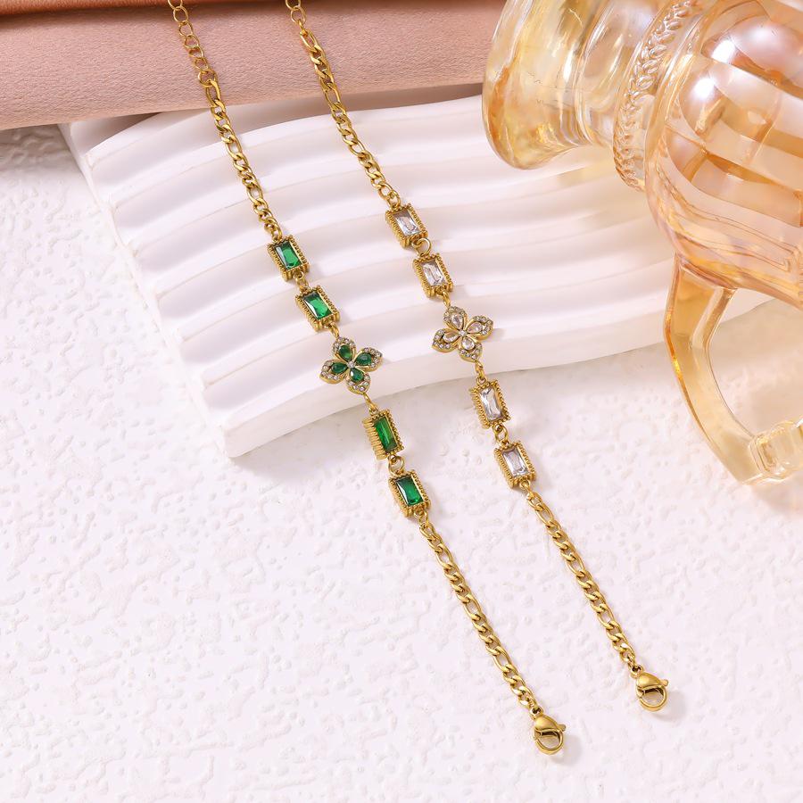 Emerald Four-Leaf Clover Bracelet - Luxury Women's Stainless Steel & Zirconia Jewelry, INS Style