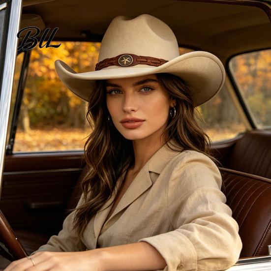 Winter Windproof Wool Cap Unisex Western Cowboy Hat, Felt Fedora Hat with Faux Leather Band, Retro Wide Brim Cowgirl for Men Women Autumn Warm