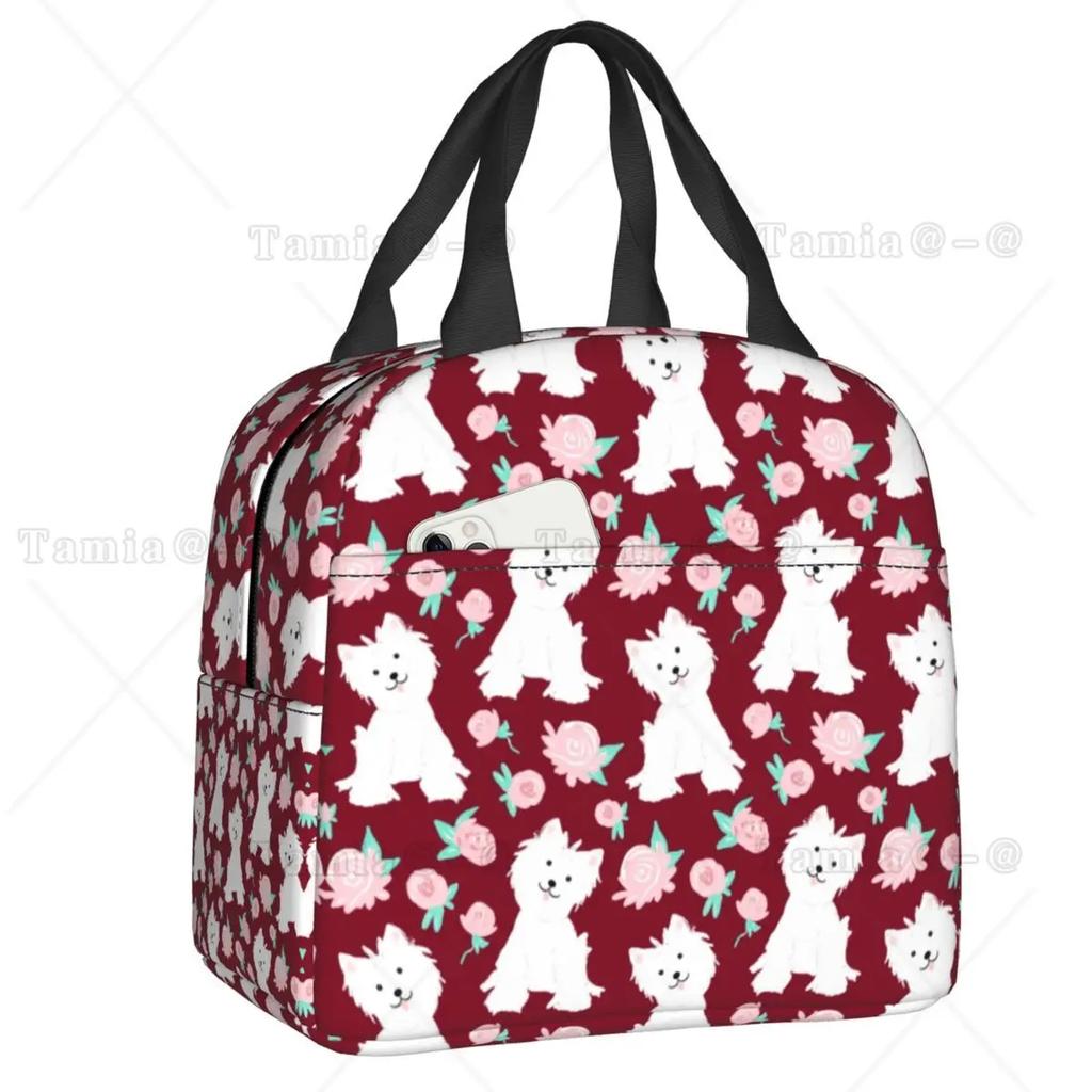 Westies Polka Dot Cartoon Pattern Insulated Lunch Bag Leakproof West Highland White Terrier Dog Thermal Cooler Lunch Tote Kids