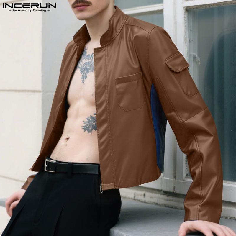 INCERUN Autumn Men Collarless Long Sleeve Zip-up PU Leather Casual Cropped Coats Jackets