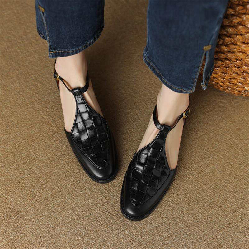 Fashion New Summer Genuine Leather Sandals Women 2025 Round Toe Shoes Chunky Heel Cover Toe Sandals for Women Handmade Cow Leather Shoes
