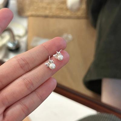 Bow Stud Earrings Women's Light Luxury Ins Cold Wind Imitation Pearl Earrings Autumn and Winter