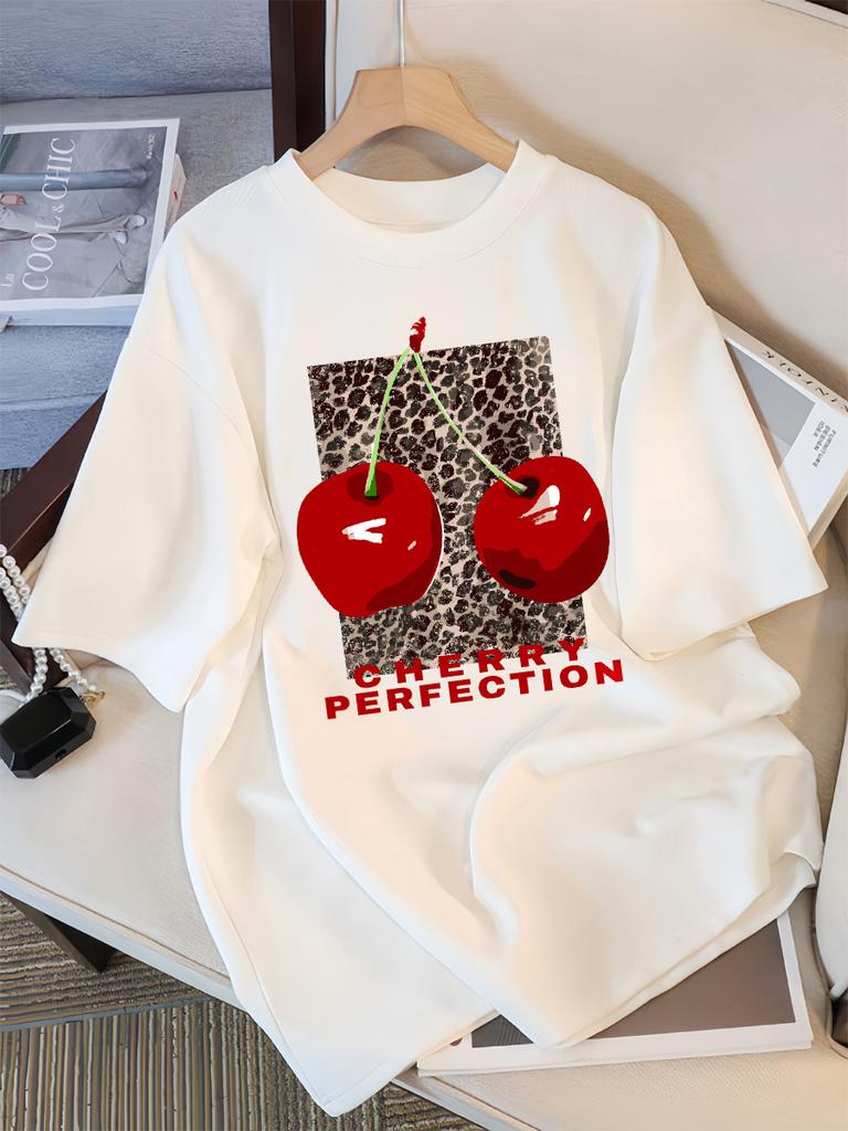 Fashion Leopard And Cherry Perfection Pattern T Shirt Women Summer Soft Tops Cotton All-Match Short Sleeve O-Neck Loose T-Shirts