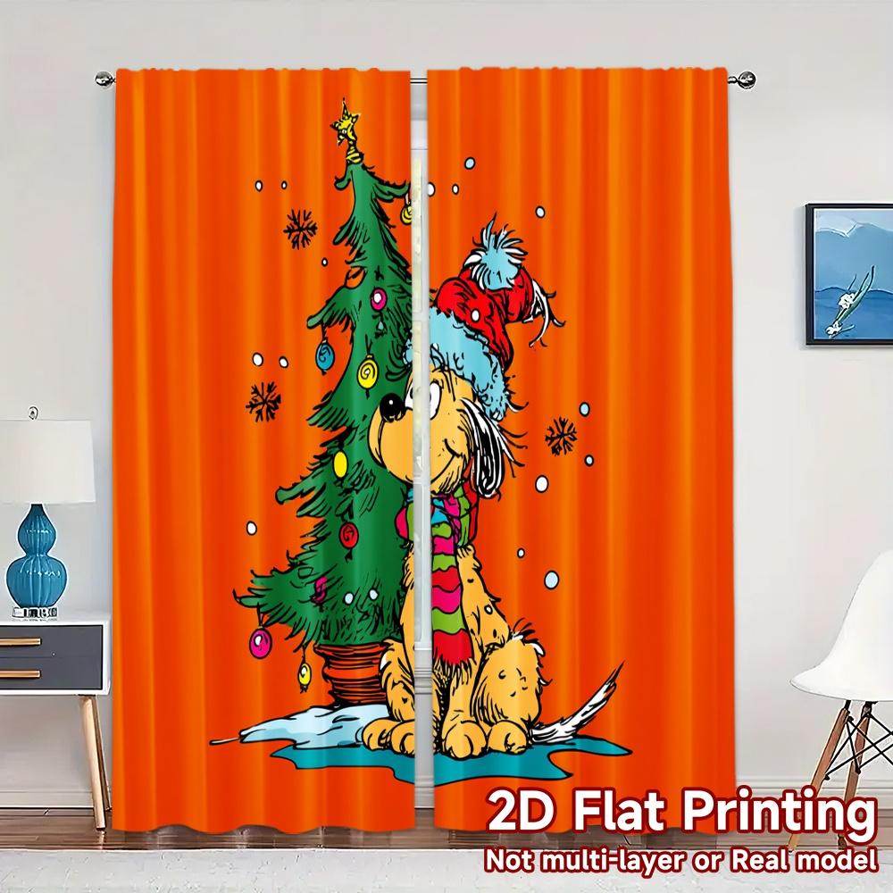 

Set Of 2 Flat Printing Jit Curtains Without Rod Festivepuptree Popular Fashionable Fabric Curtain Made Polyester Machine Washable W100*H70(CM)-Rod Pocket&2PCS