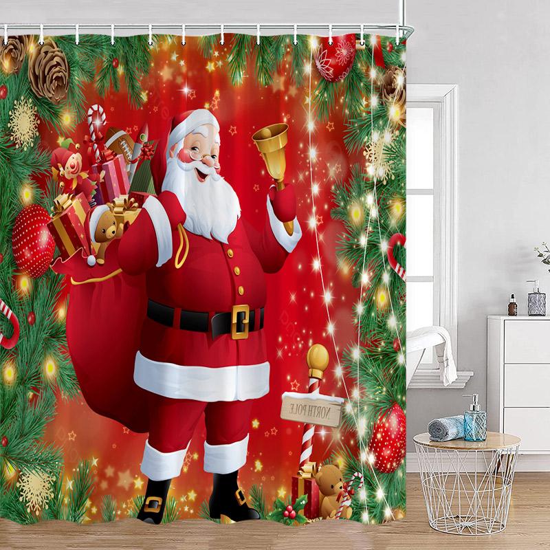 Funny Christmas Shower Curtain Red Santa Claus Cute Blue Snowman Winter Forest Landscape Cloth Home Bathroom Decor Bath Curtains