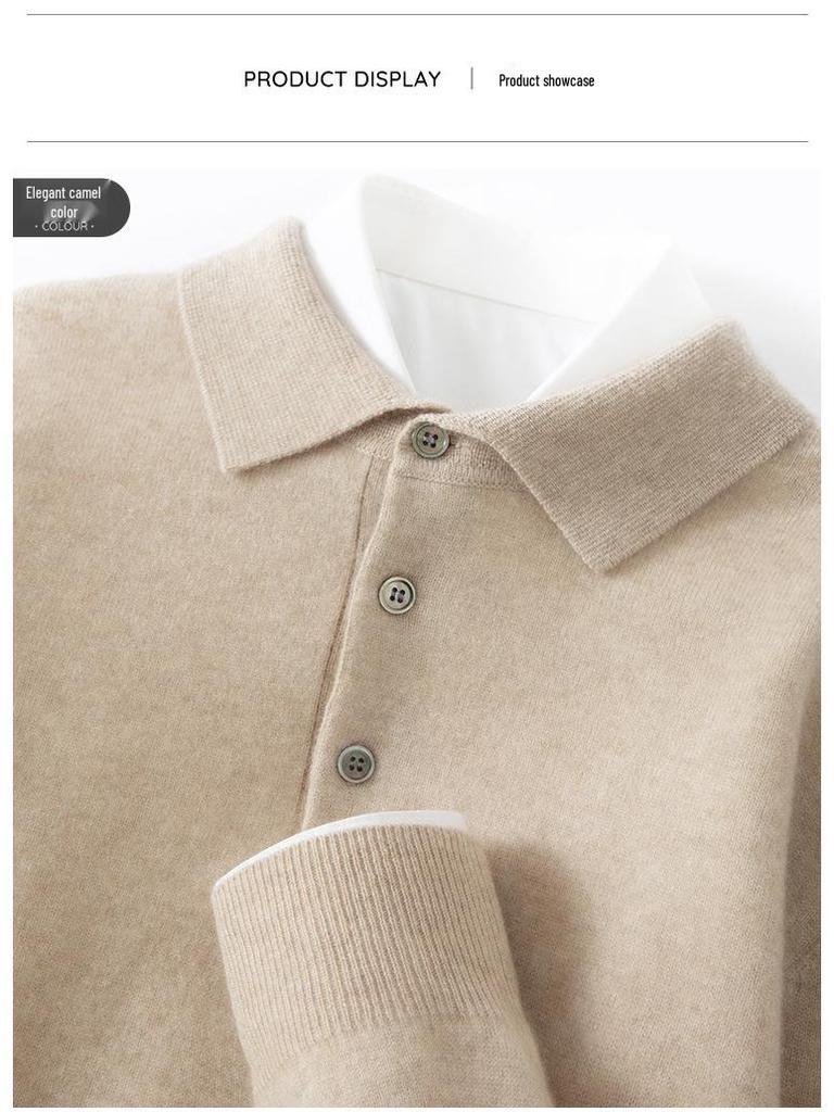 Men's Cashmere Polo Collar Sweater, Solid Color Knitwear, Long Sleeve Button-Up Pullover for Autumn/Winter