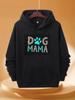 Men's Funny Dog Mom Graphic Pullover Hoodie Leopard& Light Blue Paw Print Design Loose Fit Black Cotton Blend Non-Fleece Streetwea