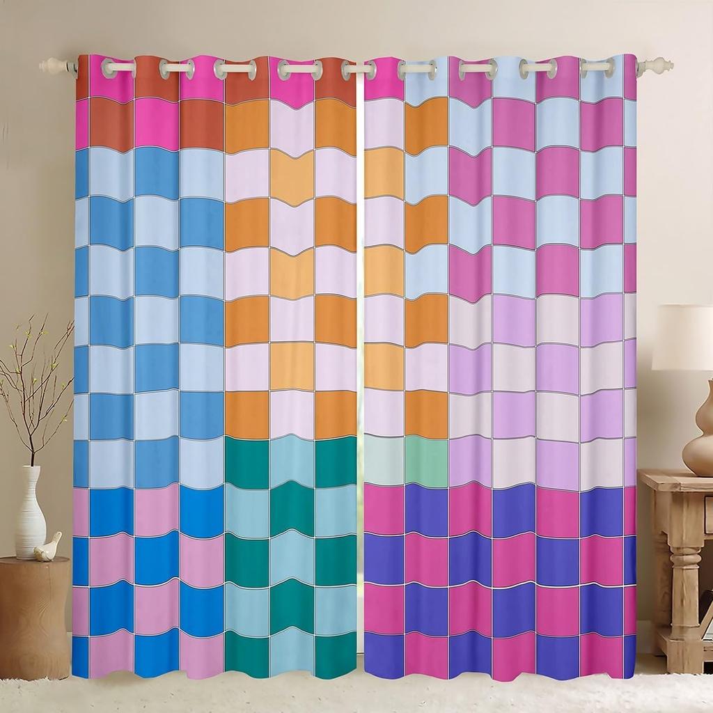 Checkered Curtain Colorful Checkerboard Grid Curtains Drapes Funky Gingham Buffalo Plaid Window Bedroom With Room Darkening Polyester Perfect For