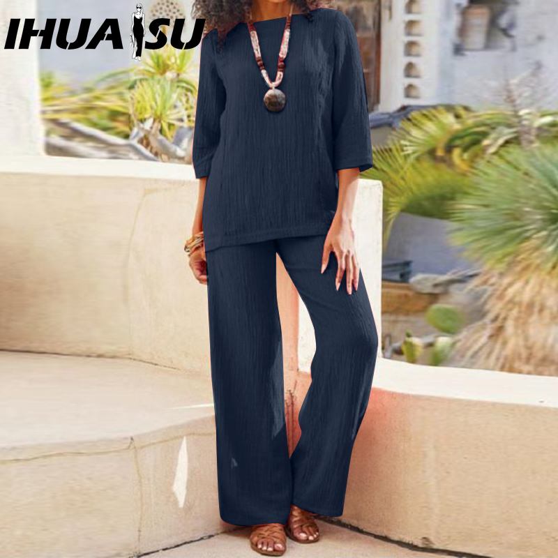 

IHUASU Большой размер Женский однотонный винтажный брючный костюм Хлопок Лен Повседневный С длинным рукавом Свободный Хлопковый костюм M темно-синий