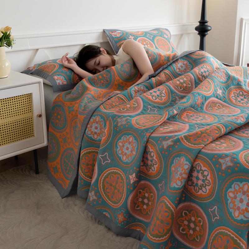 Class A Cotton Towel Blanket: 3-Layer Gauze, Yarn-Dyed Jacquard, 4-Seasons Bedspread, Air Conditioning Quilt, 3-Piece Set