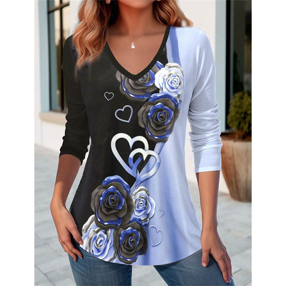 Autumn and Winter Ladies 3D Printed V-Neck Long Sleeve T-Shirt Fashion Versatile Trend Breathable Casual