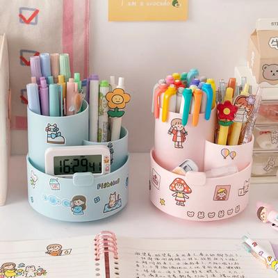 Kawaii Plastic Multifunctional Desktop Organizer Pen Holder Phone Stand Holder Rotating Pen Holder School Stationery