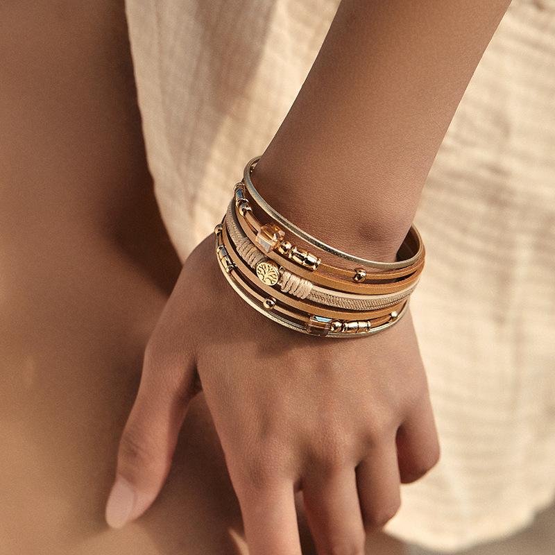 Brățară din piele cu mărgele pentru femei, lanț gros, multistrat, înfășurat, brățări late, accesorii de bijuterii pentru petrecere