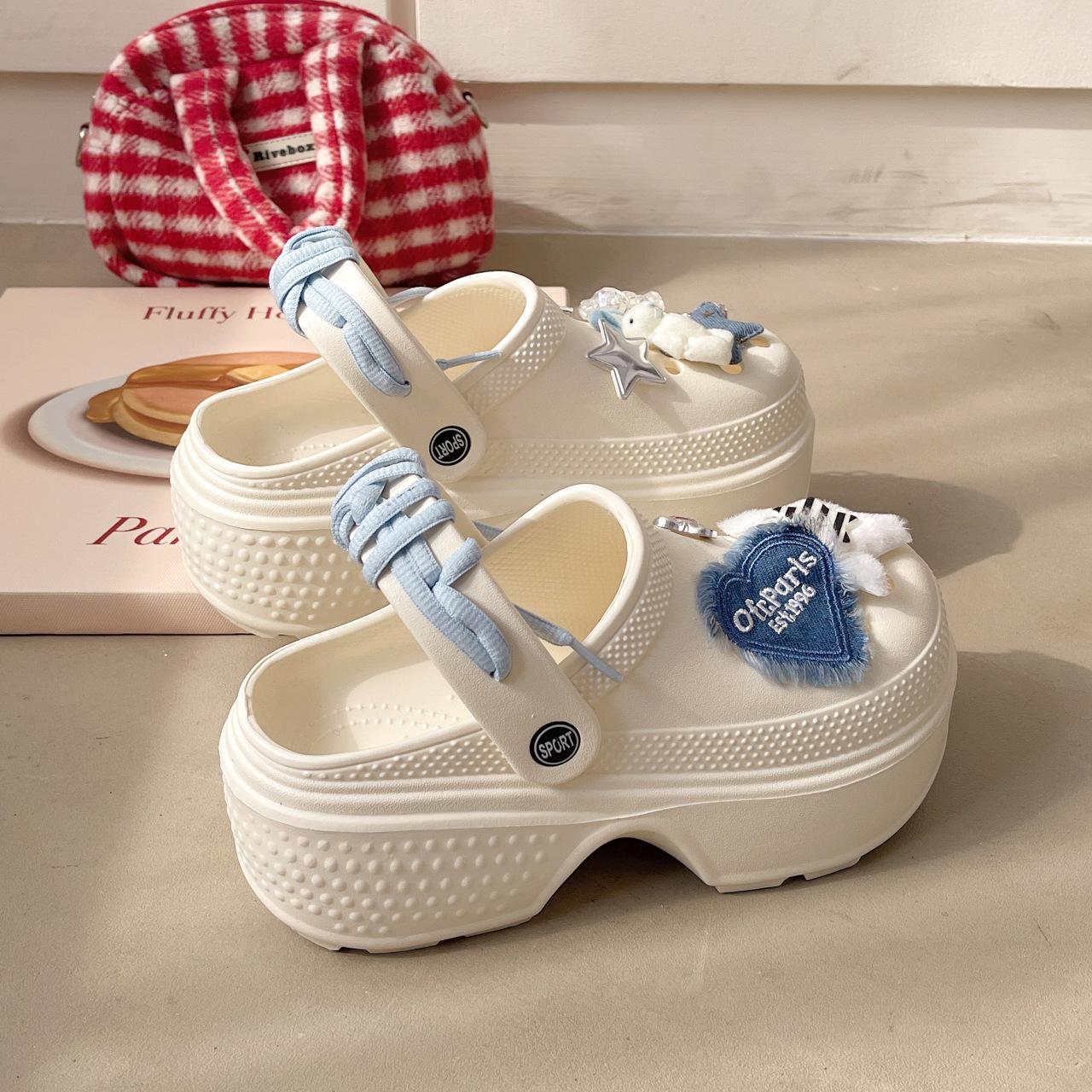 

Thick-bottomed muffin hole hole women wear heightening new small non-slip bag head slippers in summer 40-41 бежевый