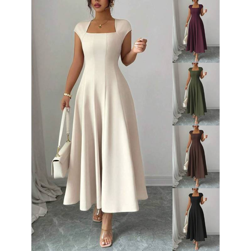 Polyester Solid Color A Line Dress With Splicing Details For Daily Wear