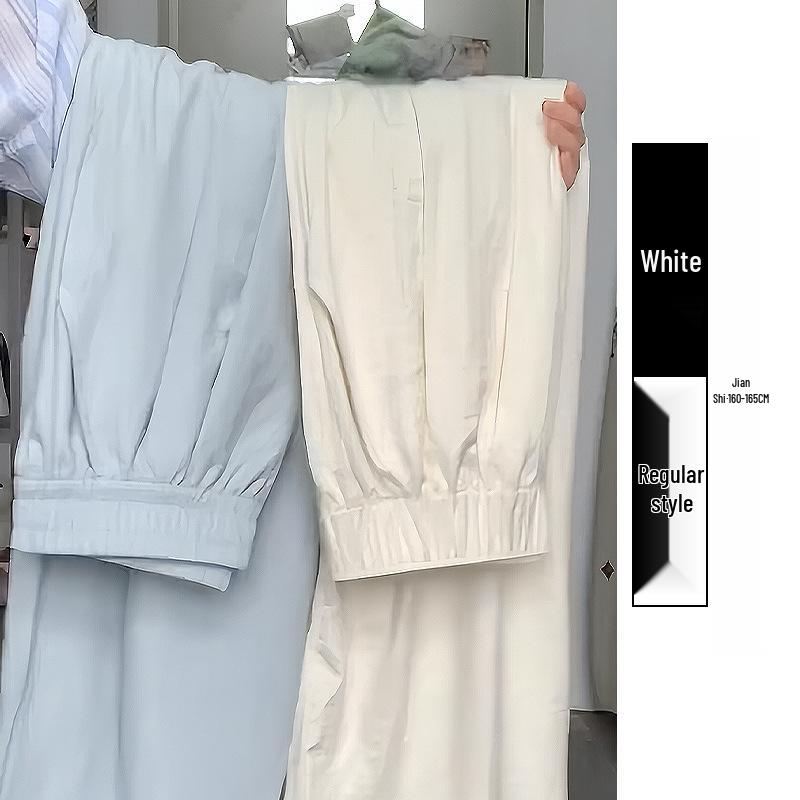 Women's Summer 2024 Ice Silk Wide-Leg Pants - White Textured Casual Petite Style