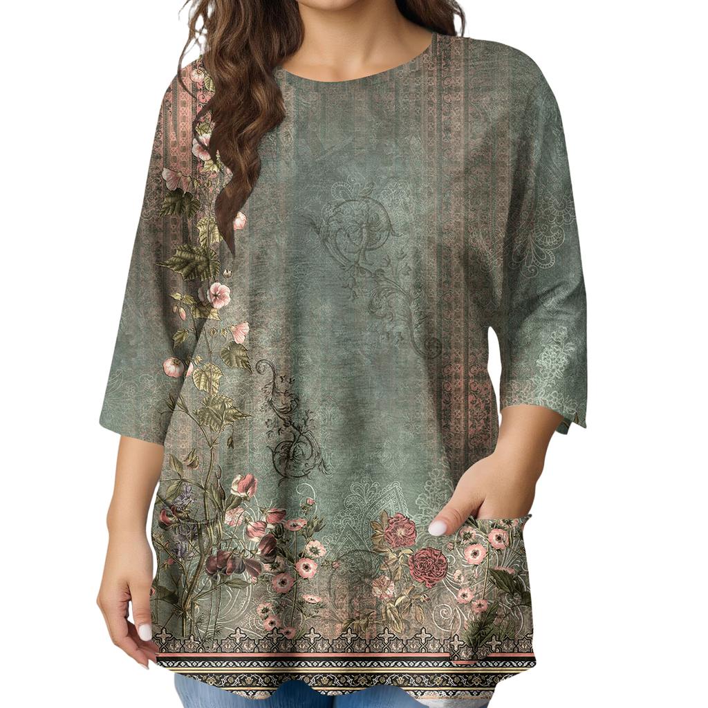 Modeblus för damer, större storlekar, med tryck, kortärmad, för elegant pendling och fritid