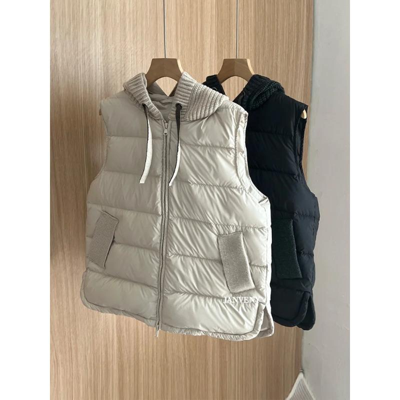 Autumn Knitted Patchwork Sleeveless Down Vest Women Drawstring Hooded Warm Lightweight Down Gilet
