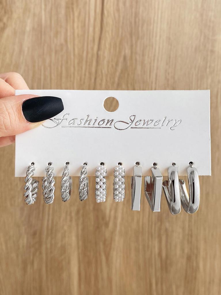 6-teiliges Übertriebenes Geometrisches Perlen- & Strass-Ohrring-Set für Damen