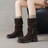 Krazing Pot Cow Suede Nubuck Winter Round Toe Modern Boots Med Heels Slip on Pleated Style Metal Buckle Mid-calf Boots