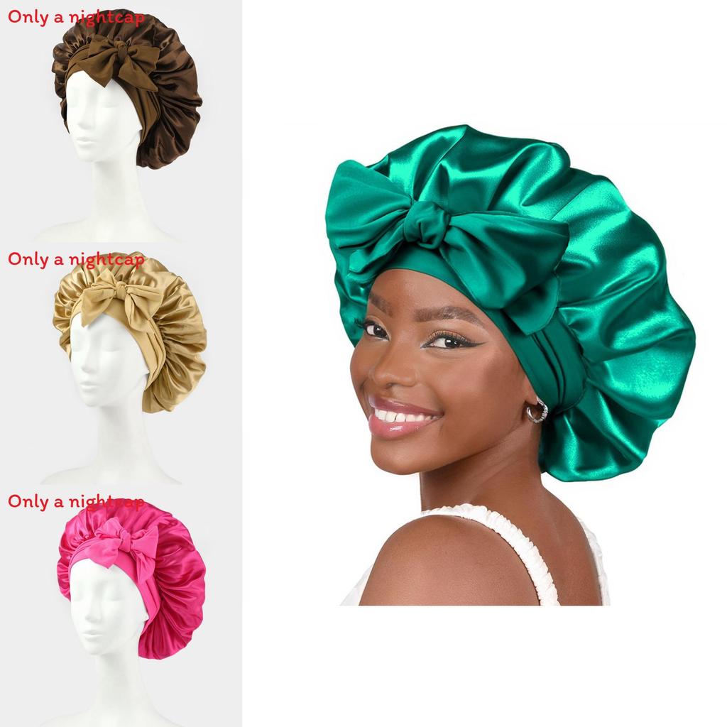 Bonnet de Nuit en Satin pour Femmes avec Nœud Papillon Lien Réglable Soin des Cheveux Bonnet de Nuit Doux en Soie