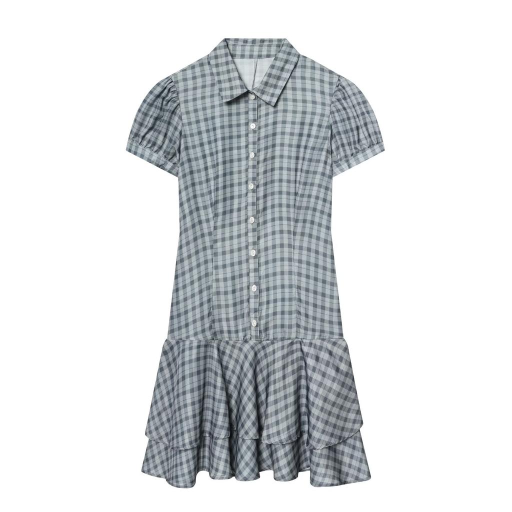 Popular Spring New Retro Girl Blue and White Plaid Lapel Short-sleeved Dress