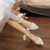 Elegant Fashion Pearl One Word Wedding Single Shoes New Pointed Toe Shallow Slip Rhinestone Bow Square Heels