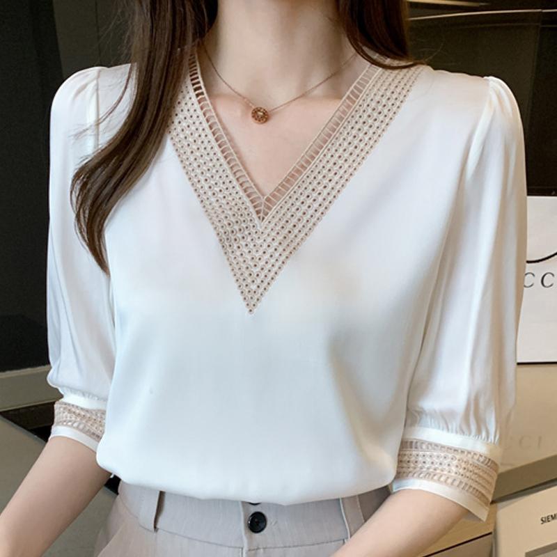 

Летняя повседневная белая шифоновая блузка с v-образным вырезом, женские топы J150